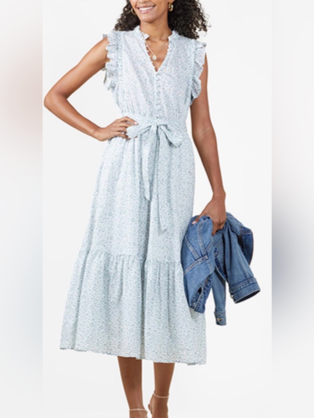 Outerknown White and Grey Floral Maxi Dress with Ruffle Shoulders